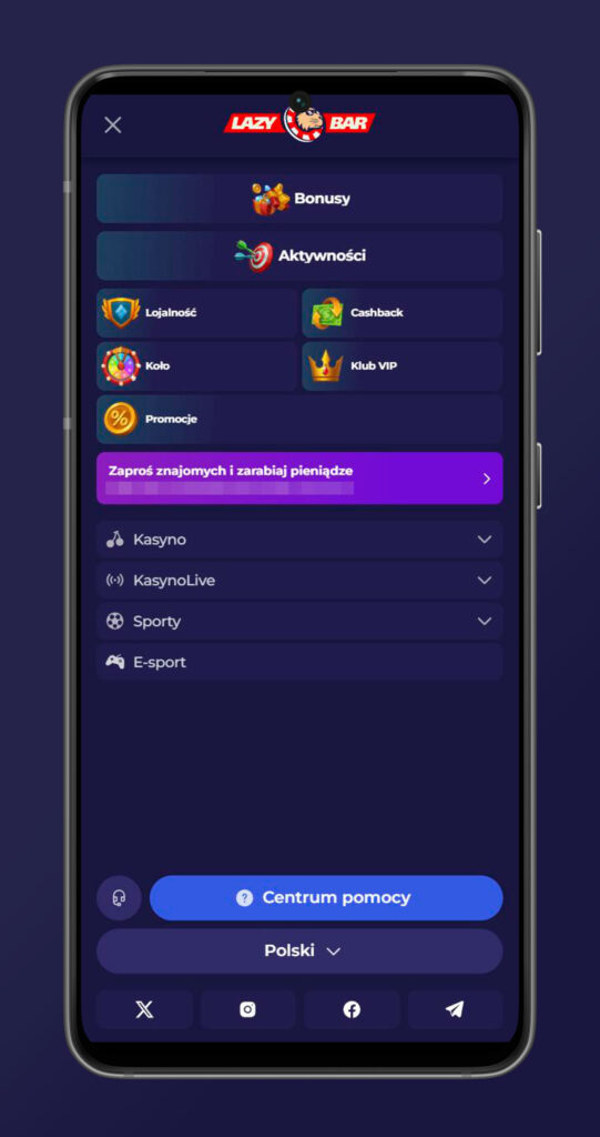 Menu aplikacji mobilnej kasyna Lazybar